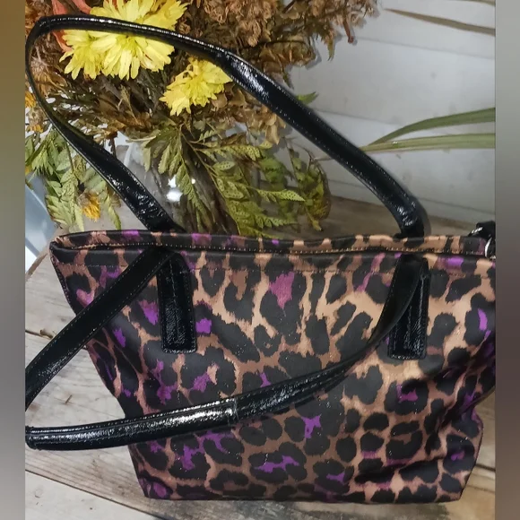 Coach Leopard Print Tote Shoulder Bag Black Purple Nylon Canvas Purse - Picture 5 of 5